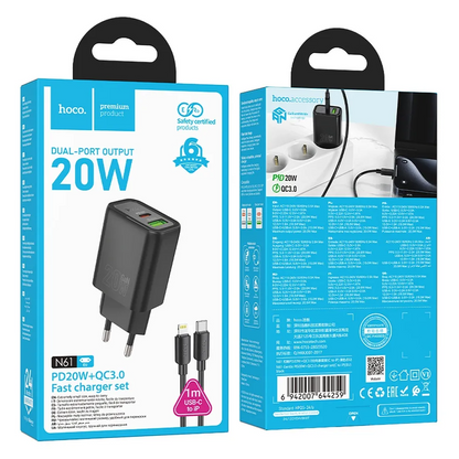 Verkkolaturi Lightning-kaapelilla HOCO N61, 20W, 3A, 1 x USB-A - 1 x USB-C, Musta
