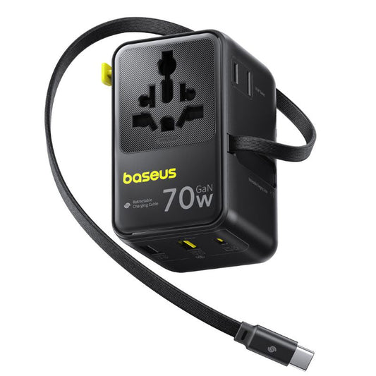 Verkkolaturi USB-C-kaapelilla Baseus Travel EnerCore CG11, 70W, 2 x Pistorasia - 1 x USB-C - 2 x USB-A, Musta E0307E00