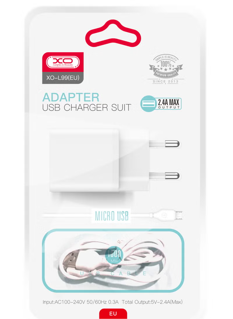 Verkkolaturi microUSB-kaapelilla XO Design L99, 12W, 2.4A, 1 x USB-A, Valkoinen