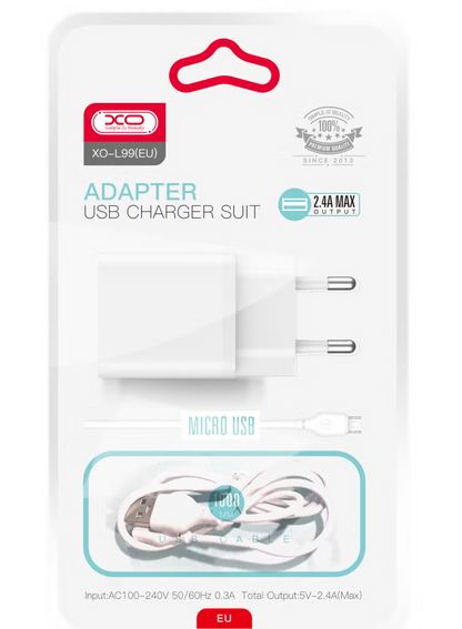 Verkkolaturi microUSB-kaapelilla XO Design L99, 12W, 2.4A, 1 x USB-A, Valkoinen