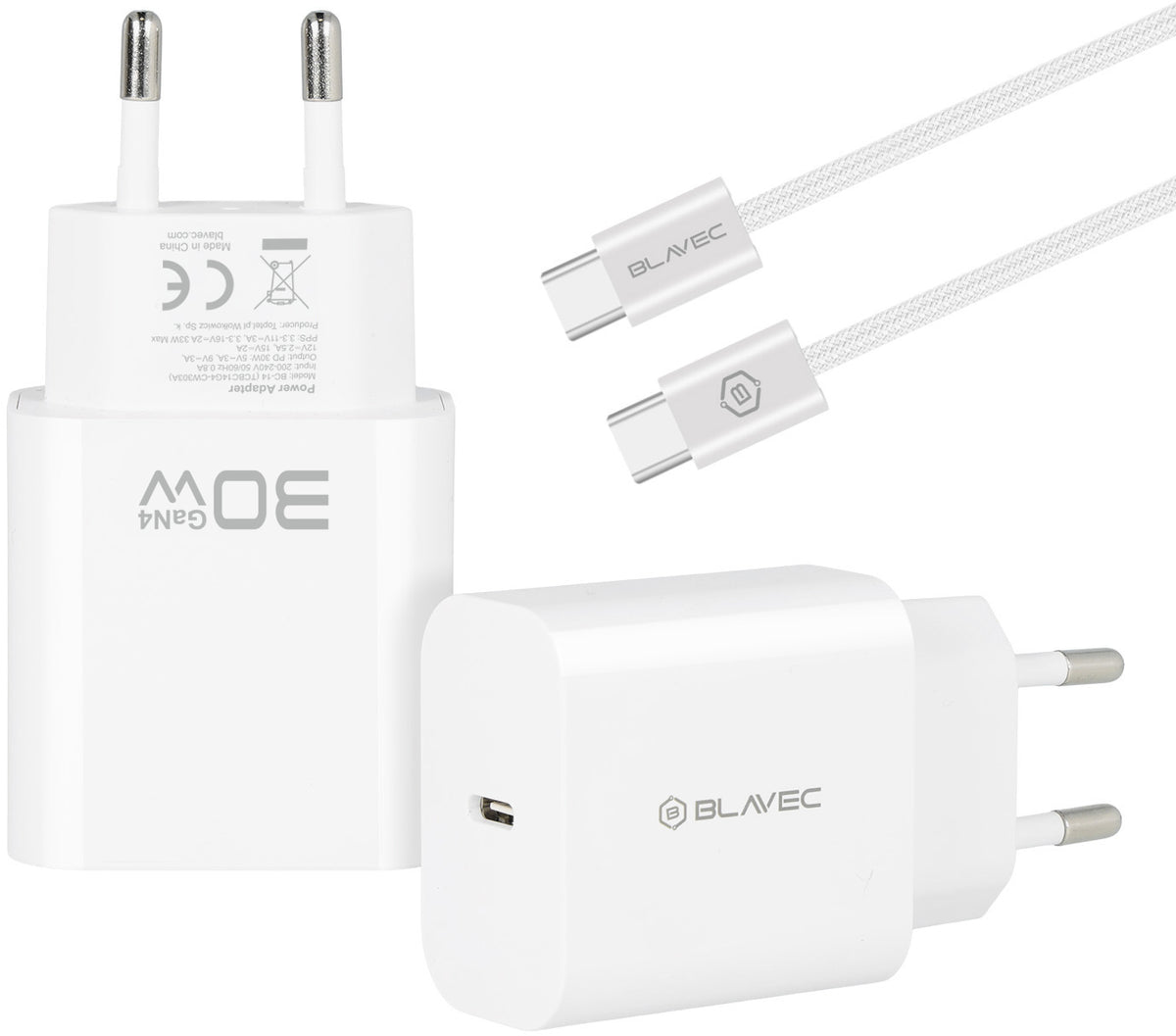 Blavec BC-14 -verkkovirtalaturi USB-C-kaapelilla, 30 W, 3 A, 1 x USB-C, valkoinen
