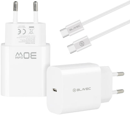 Blavec BC-14 -verkkovirtalaturi USB-C-kaapelilla, 30 W, 3 A, 1 x USB-C, valkoinen
