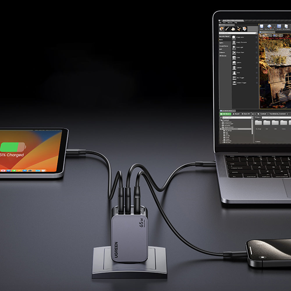UGREEN X755 Nexode Pro USB-C-verkkolaturi kaapelilla, 65W, 3A, 1 x USB-A - 2 x USB-C, Harmaa