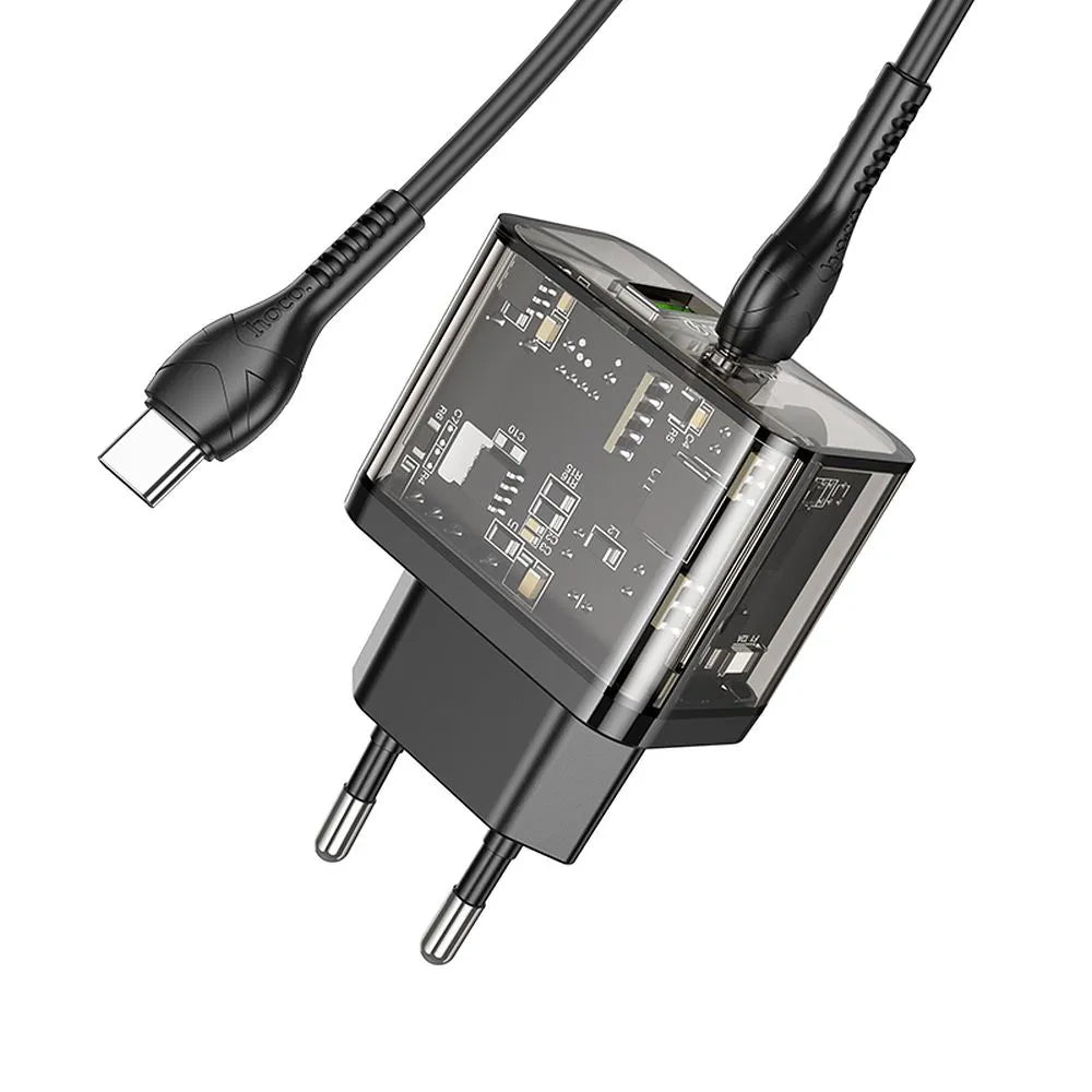 Verkkolaturi USB-C-kaapelilla HOCO N34, 20W, 3A, 1 x USB-A - 1 x USB-C, Läpinäkyvä