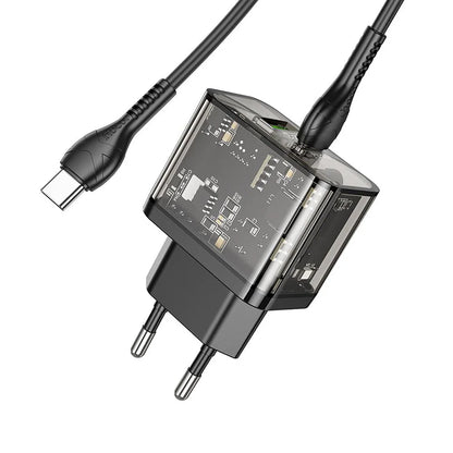 Verkkolaturi USB-C-kaapelilla HOCO N34, 20W, 3A, 1 x USB-A - 1 x USB-C, Läpinäkyvä