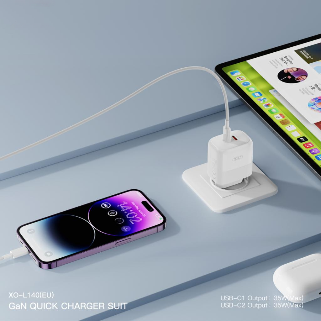 Verkkolaturi Lightning-kaapelilla XO Design L140, 35W, 3A, 2 x USB-C, Valkoinen