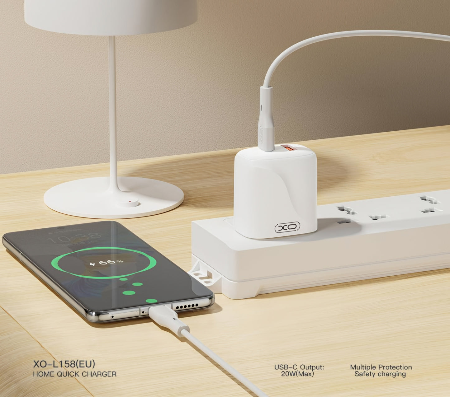 Verkkolaturi USB-C-kaapelilla XO Design L158, 20W, 3A, 1 x USB-A - 1 x USB-C, Valkoinen
