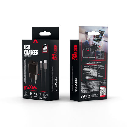 MaXlife MXTC-01 mikroUSB-kaapelilla varustettu verkkolaturi, 10.5W, 2.1A, 1 x USB-A, Musta