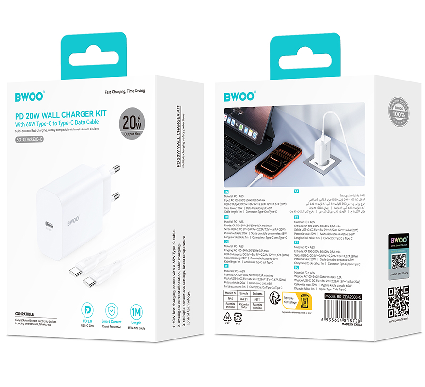 Verkkolaturi USB-C-kaapelilla BWOO CDA233, 20W, 3A, 1 x USB-C, Valkoinen
