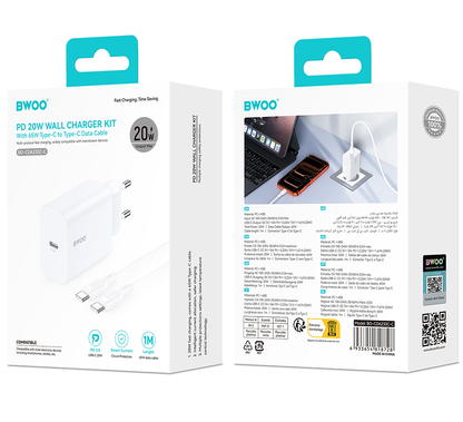 Verkkolaturi USB-C-kaapelilla BWOO CDA233, 20W, 3A, 1 x USB-C, Valkoinen
