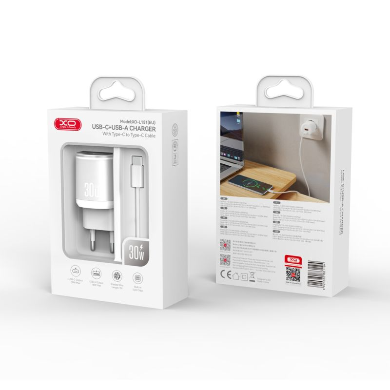 Verkkolaturi USB-C-kaapelilla XO Design L151, 30W, 3A, 1 x USB-A - 1 x USB-C, Valkoinen