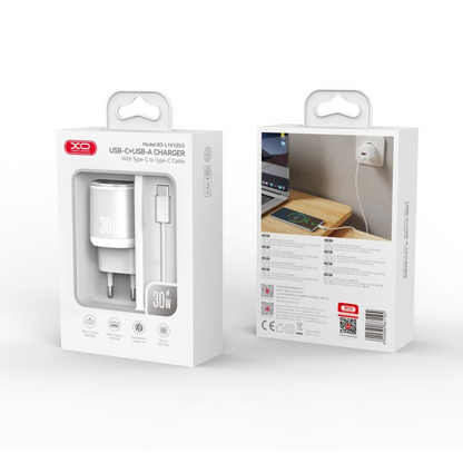 Verkkolaturi USB-C-kaapelilla XO Design L151, 30W, 3A, 1 x USB-A - 1 x USB-C, Valkoinen