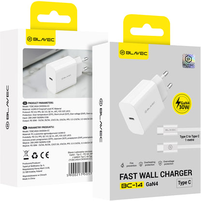 Blavec BC-14 -verkkovirtalaturi USB-C-kaapelilla, 30 W, 3 A, 1 x USB-C, valkoinen