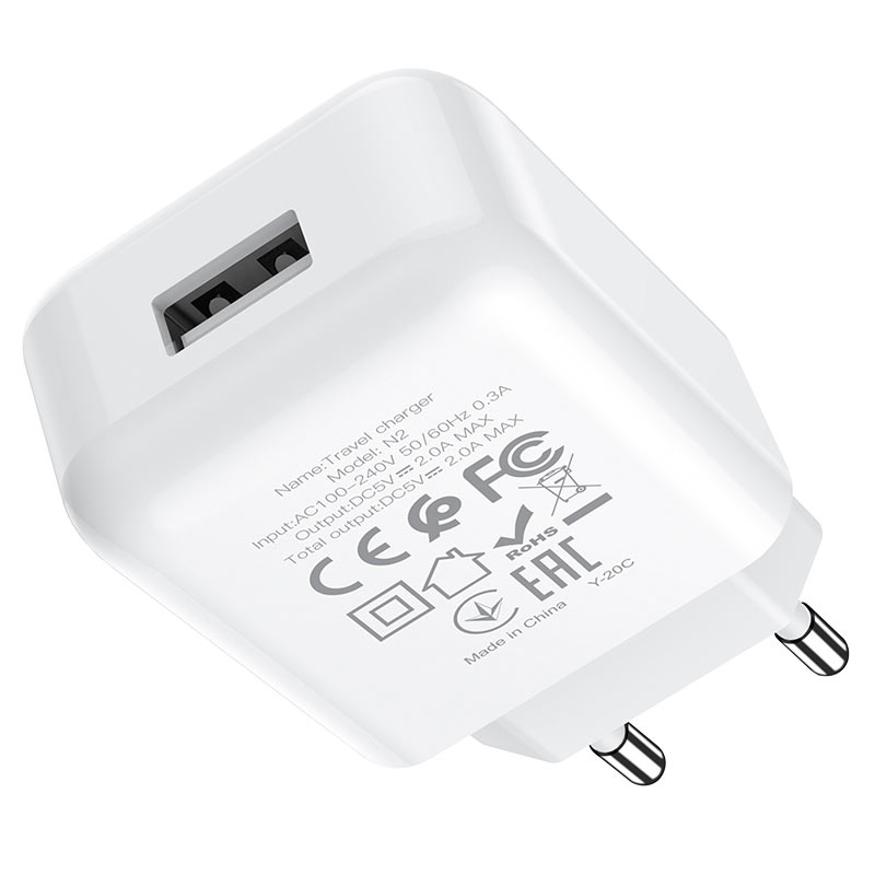 HOCO N2 Lightning-kaapelilla varustettu verkkolaturi, 10W, 2A, 1 x USB-A, Valkoinen