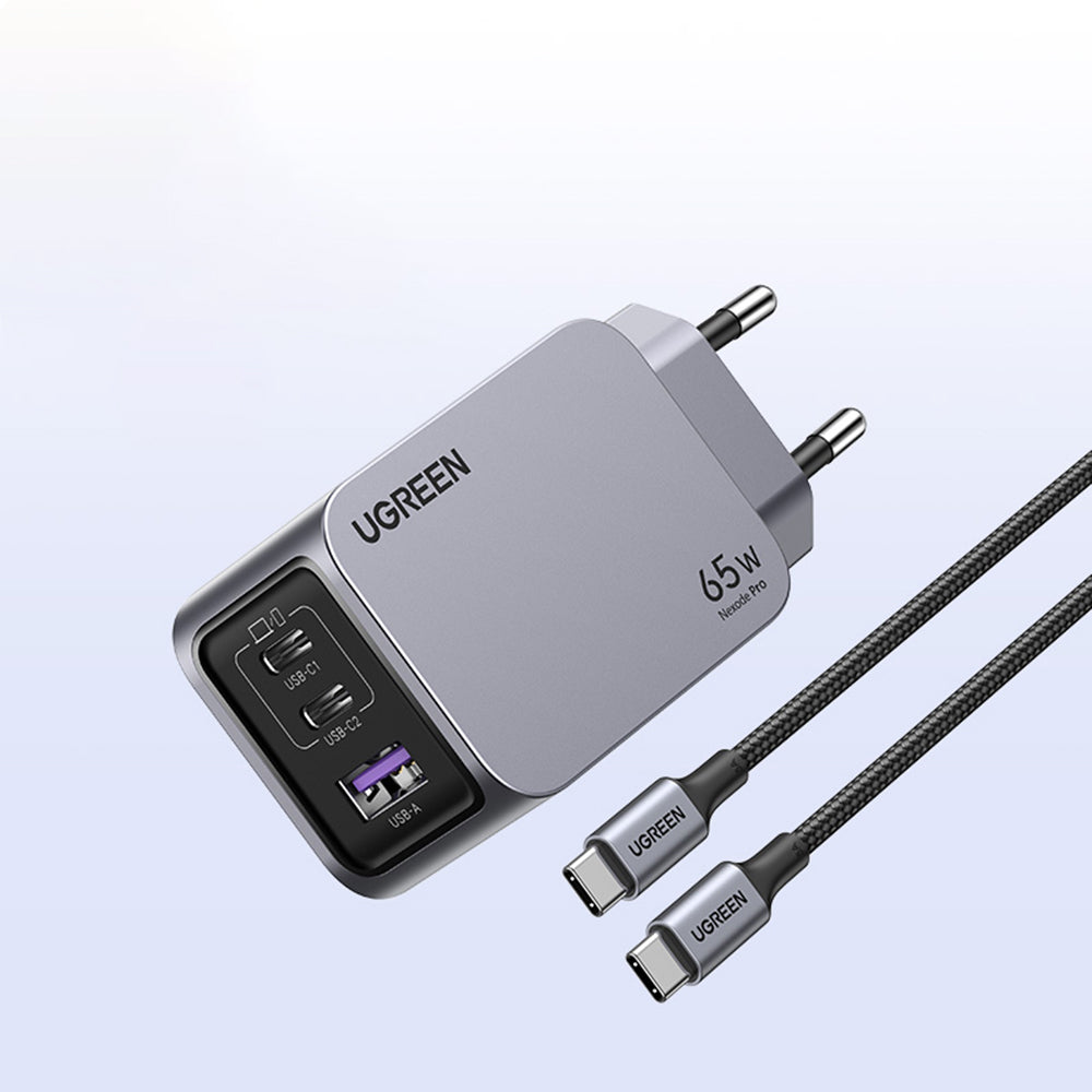 UGREEN X755 Nexode Pro USB-C-verkkolaturi kaapelilla, 65W, 3A, 1 x USB-A - 2 x USB-C, Harmaa
