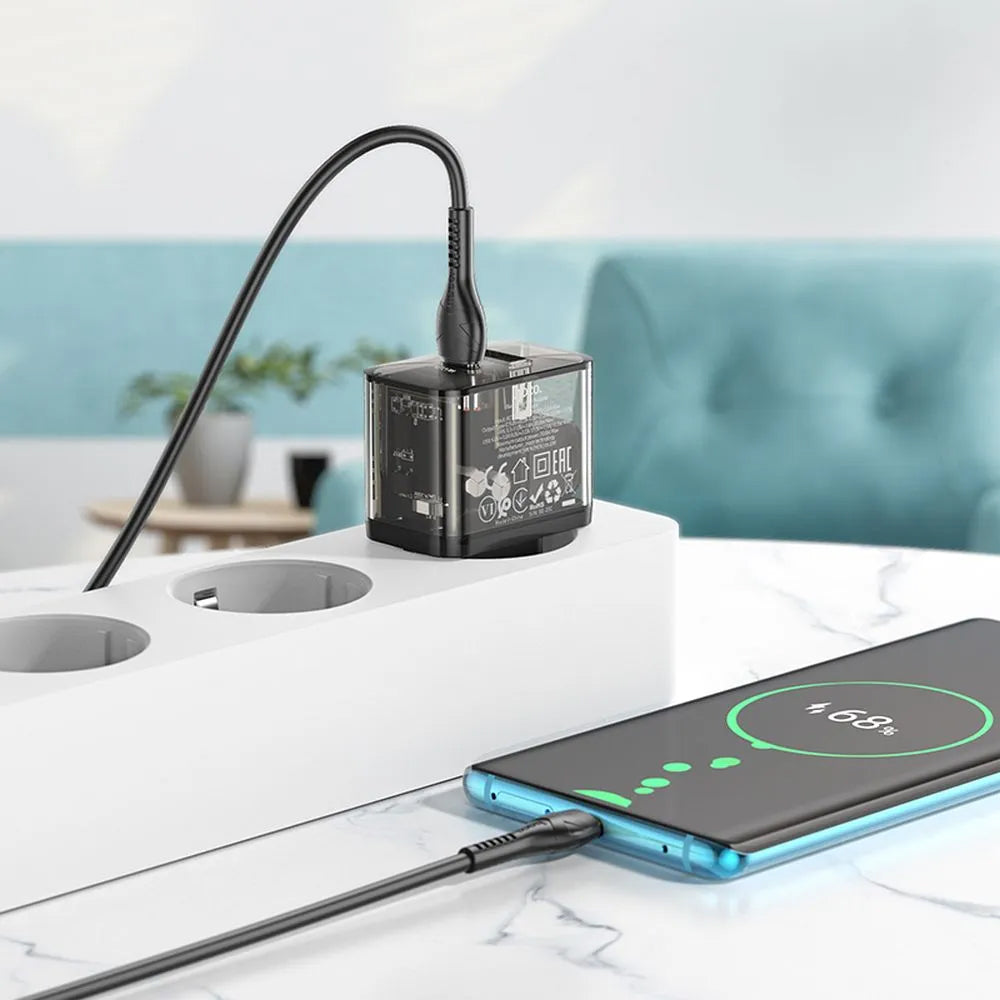 Verkkolaturi USB-C-kaapelilla HOCO N34, 20W, 3A, 1 x USB-A - 1 x USB-C, Läpinäkyvä