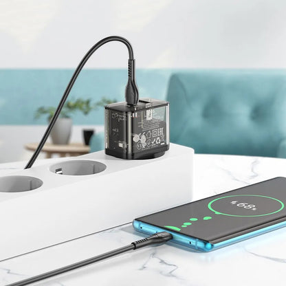 Verkkolaturi USB-C-kaapelilla HOCO N34, 20W, 3A, 1 x USB-A - 1 x USB-C, Läpinäkyvä