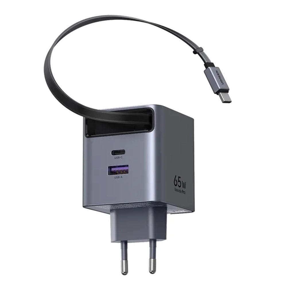 UGREEN X615 USB-C-kaapelilla varustettu verkkolaturi, 65W, 3A, 1 x USB-A - 1 x USB-C, Harmaa