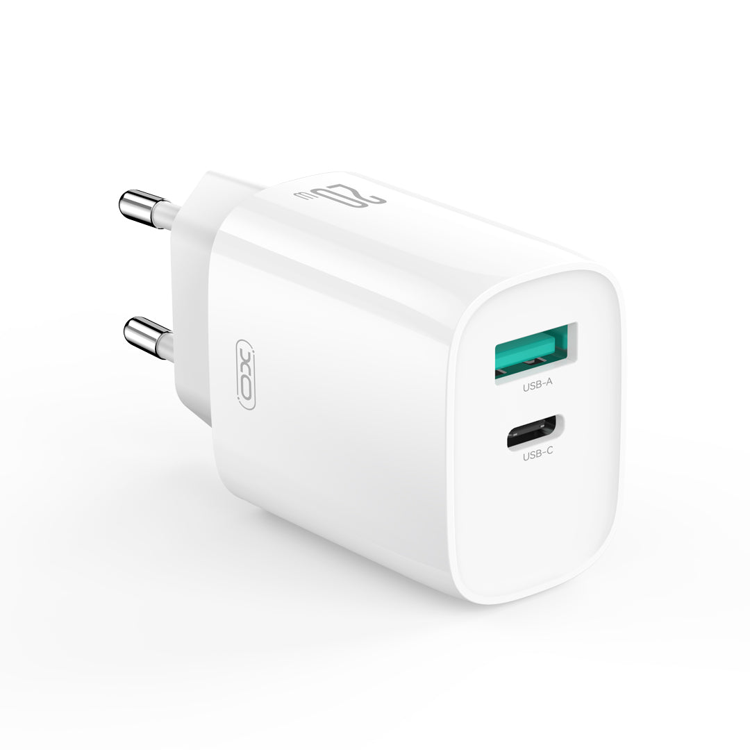 Verkkolaturi USB-C-kaapelilla XO Design CE29, 20W, 3A, 1 x USB-A - 1 x USB-C, Valkoinen