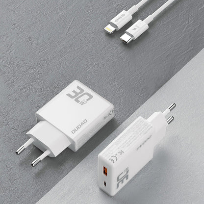 Dudao A30EUL verkkolaturi Lightning-kaapelilla, 30W, 3A, 1 x USB-A - 1 x USB-C, valkoinen 