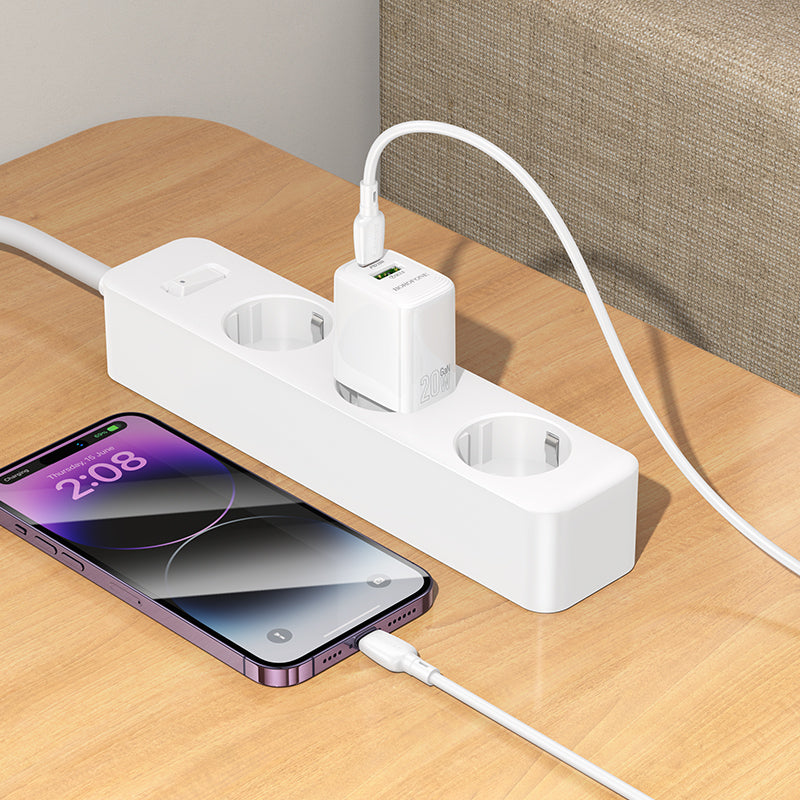 Network Charger with Lightning Cable Borofone BN27 Fuente, 20W, 3A, 1 x USB-A - 1 x USB-C, White