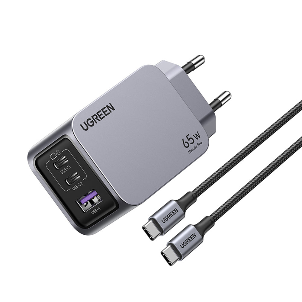 UGREEN X755 Nexode Pro USB-C-verkkolaturi kaapelilla, 65W, 3A, 1 x USB-A - 2 x USB-C, Harmaa