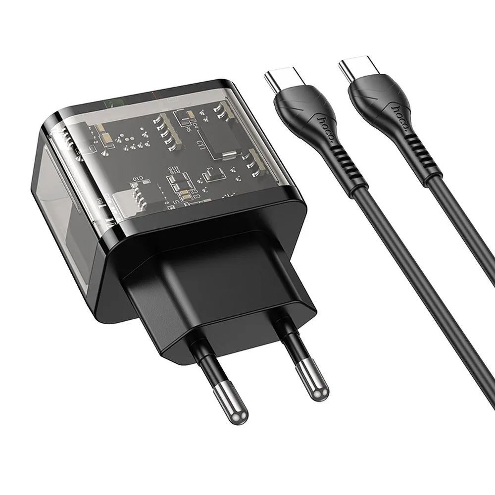 Verkkolaturi USB-C-kaapelilla HOCO N34, 20W, 3A, 1 x USB-A - 1 x USB-C, Läpinäkyvä