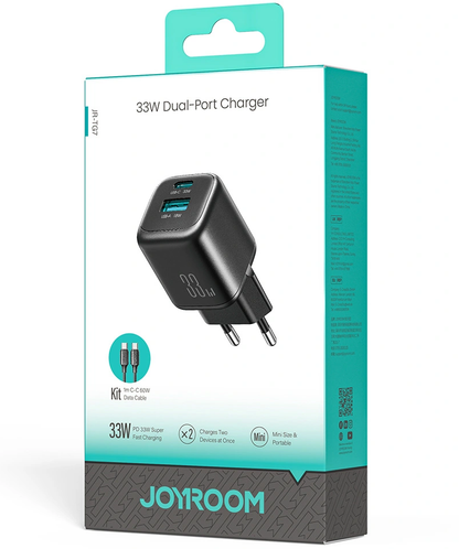 Verkkolaturi USB-C-kaapelilla Joyroom JR-TG7, 33W, 3A, 1 x USB-A - 1 x USB-C, Musta