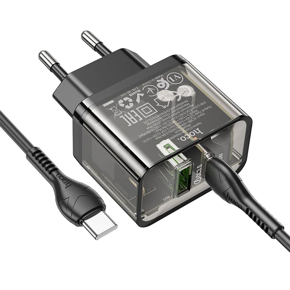 Verkkolaturi USB-C-kaapelilla HOCO N34, 20W, 3A, 1 x USB-A - 1 x USB-C, Läpinäkyvä