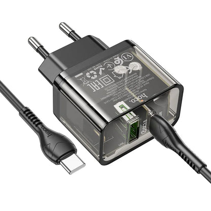 Verkkolaturi USB-C-kaapelilla HOCO N34, 20W, 3A, 1 x USB-A - 1 x USB-C, Läpinäkyvä