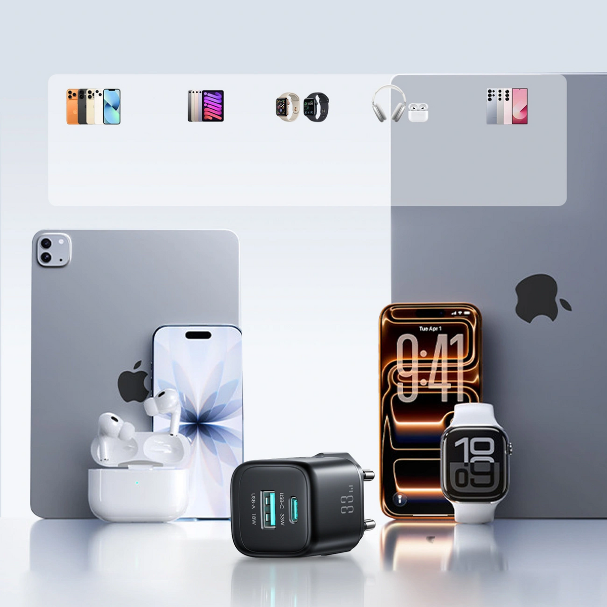 Verkkolaturi USB-C-kaapelilla Joyroom JR-TG7, 33W, 3A, 1 x USB-A - 1 x USB-C, Musta