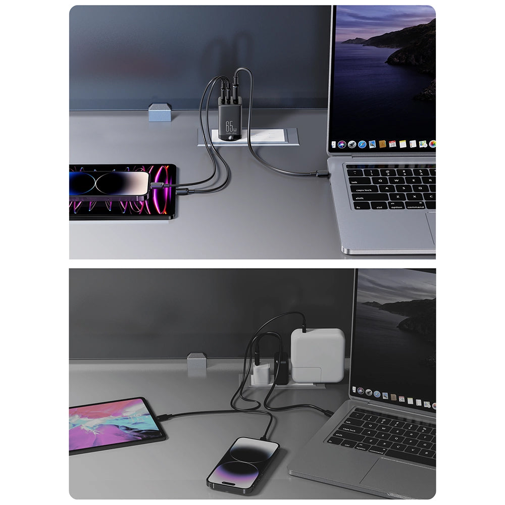 Verkkolaturi USB-C-kaapelilla Joyroom TCG01, 65W, 3.25A, 1 x USB-A - 2 x USB-C, Musta