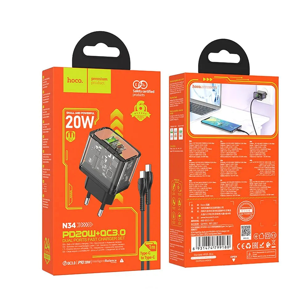 Verkkolaturi USB-C-kaapelilla HOCO N34, 20W, 3A, 1 x USB-A - 1 x USB-C, Läpinäkyvä