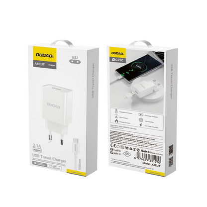 Dudao A4EU Network Charger with USB-C Cable, 10W, 2.1A, 1 x USB-A, White