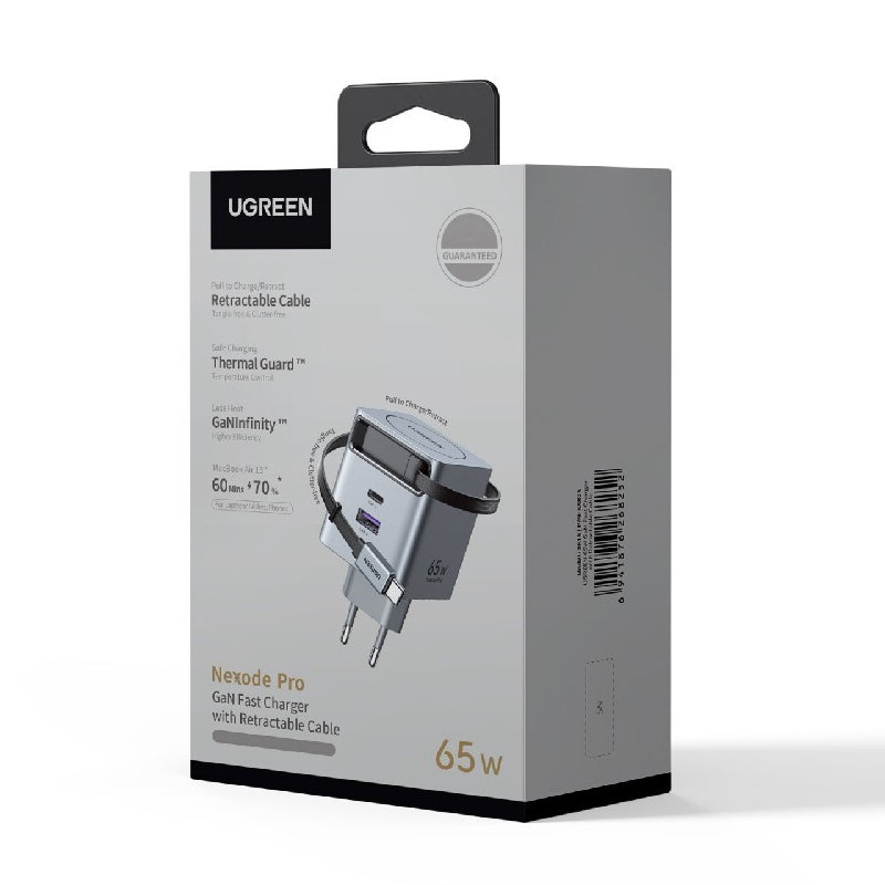 UGREEN X615 USB-C-kaapelilla varustettu verkkolaturi, 65W, 3A, 1 x USB-A - 1 x USB-C, Harmaa