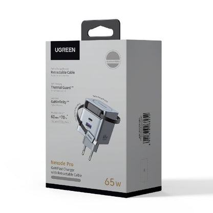 UGREEN X615 USB-C-kaapelilla varustettu verkkolaturi, 65W, 3A, 1 x USB-A - 1 x USB-C, Harmaa