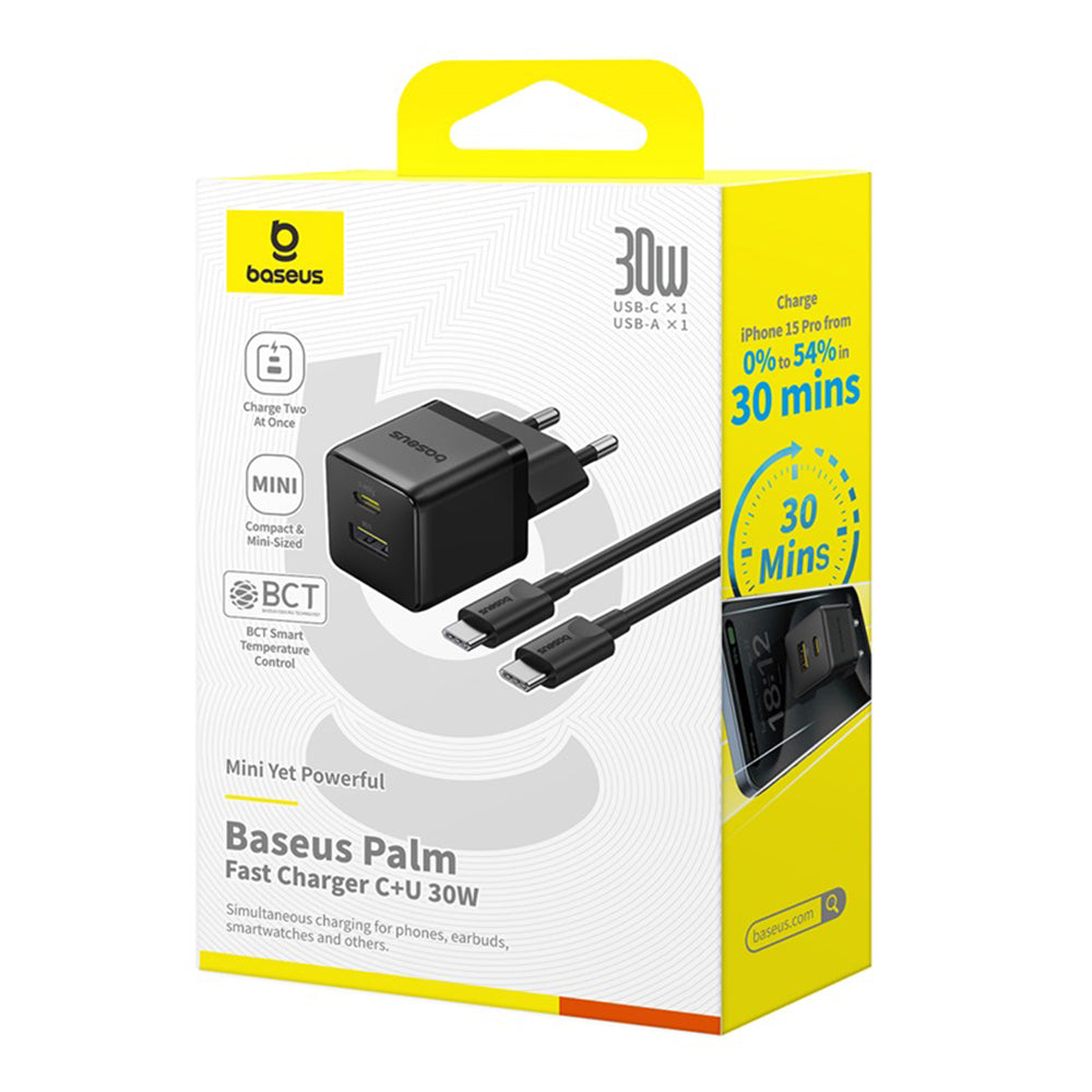 Baseus Palm USB-C Network Charger with Cable, 30W, 3A, 1 x USB-A - 1 x USB-C, Black P1011160A113-01