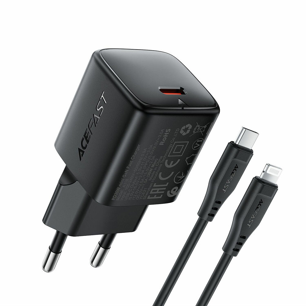Verkkolaturi Lightning-kaapelilla Acefast A118, 30W, 3A, 1 x USB-C, Musta