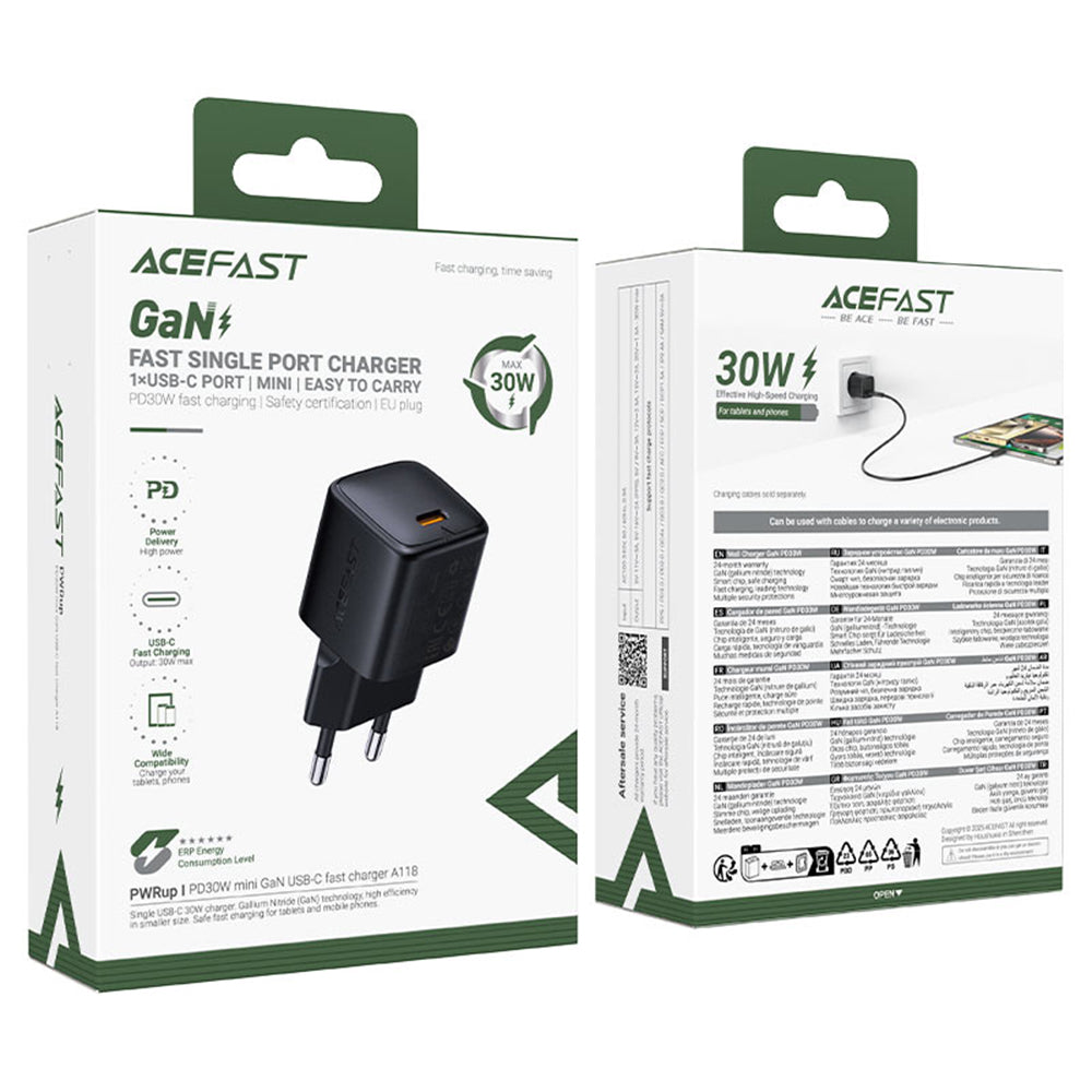Verkkolaturi Lightning-kaapelilla Acefast A118, 30W, 3A, 1 x USB-C, Musta