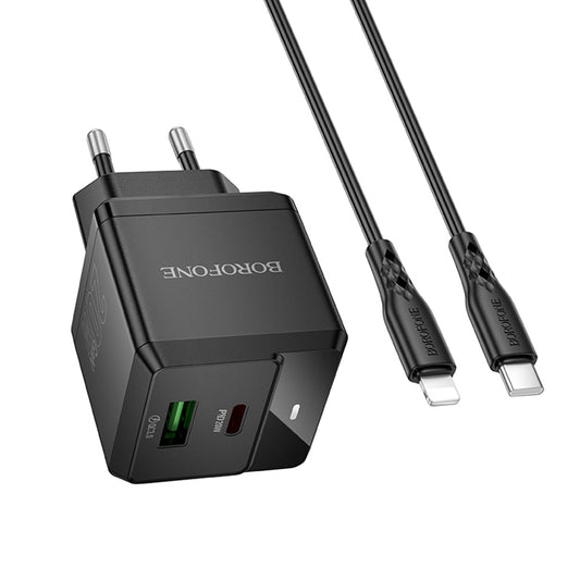 Verkkolaturi Lightning-kaapelilla Borofone BN19 Intenso, 20W, 3A, 1 x USB-A - 1 x USB-C, Musta