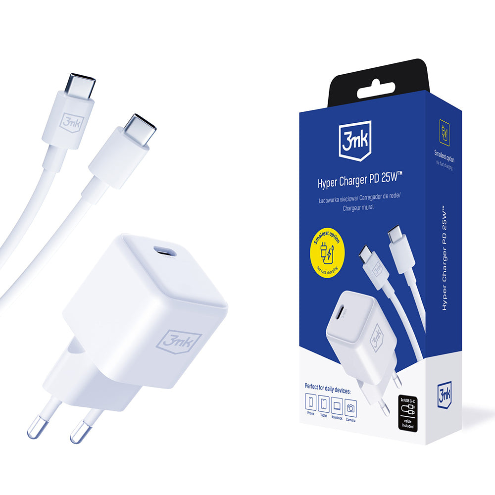 Verkkolaturi USB-C-kaapelilla 3MK Hyper, 25W, 3A, 1 x USB-C, Valkoinen