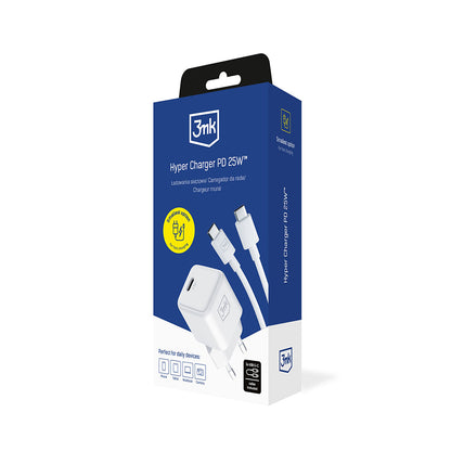 Verkkolaturi USB-C-kaapelilla 3MK Hyper, 25W, 3A, 1 x USB-C, Valkoinen