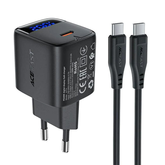Verkkolaturi USB-C-kaapelilla Acefast A113 Display, 20W, 3A, 1 x USB-C, Musta