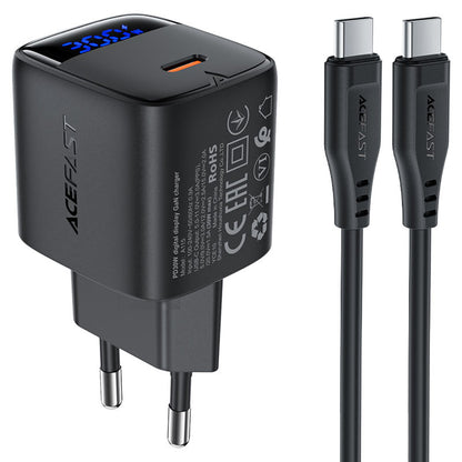 Acefast A115 Display USB-C Network Charger with Cable, 30W, 3A, 1 x USB-C, Black