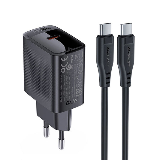 Verkkolaturi USB-C-kaapelilla Acefast A82, 20W, 3A, 1 x USB-C, Musta