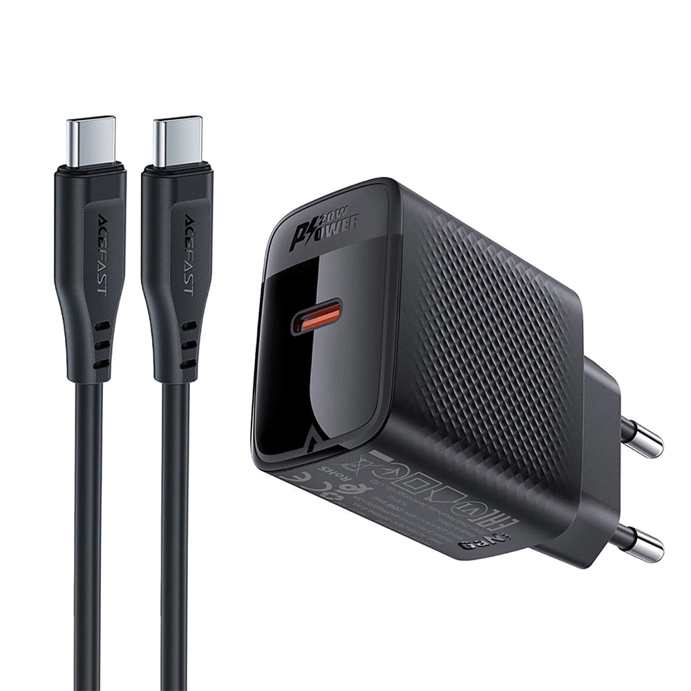 Verkkolaturi USB-C-kaapelilla Acefast A82, 20W, 3A, 1 x USB-C, Musta