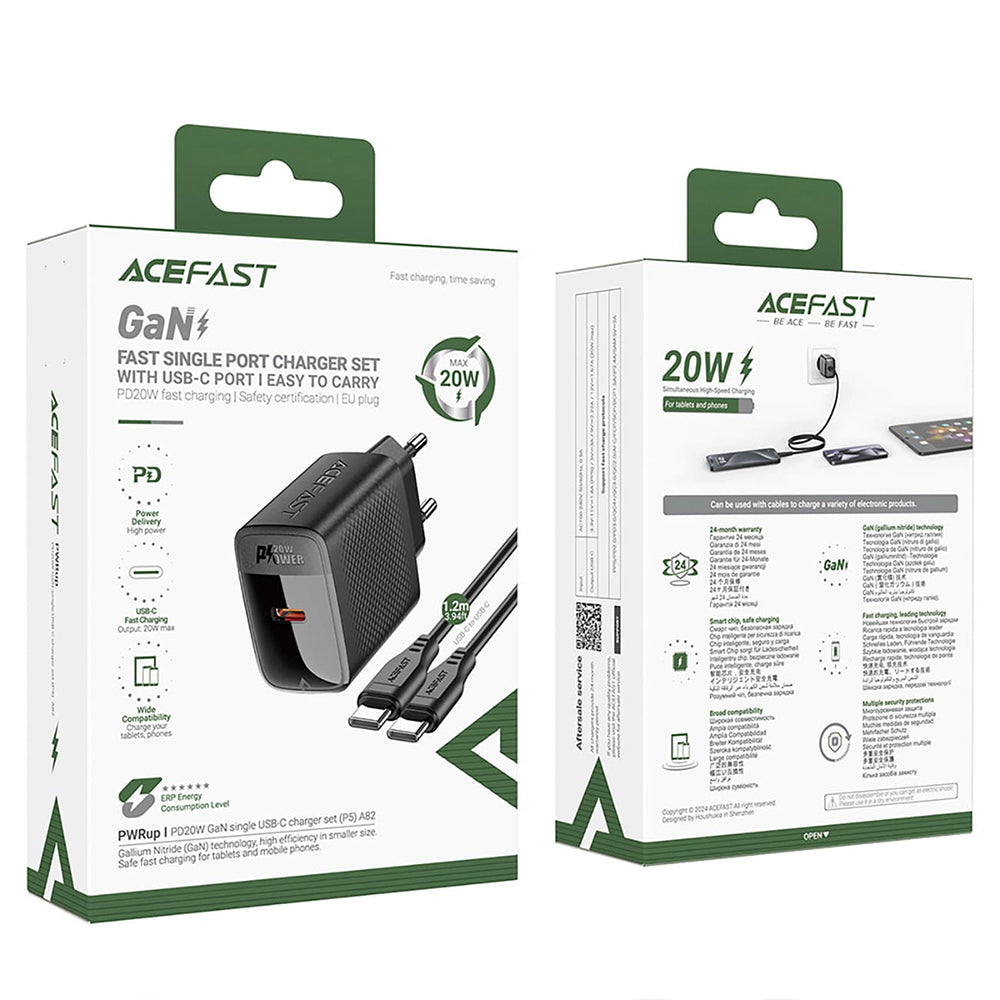 Verkkolaturi USB-C-kaapelilla Acefast A82, 20W, 3A, 1 x USB-C, Musta