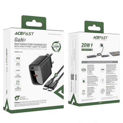 Verkkolaturi USB-C-kaapelilla Acefast A82, 20W, 3A, 1 x USB-C, Musta