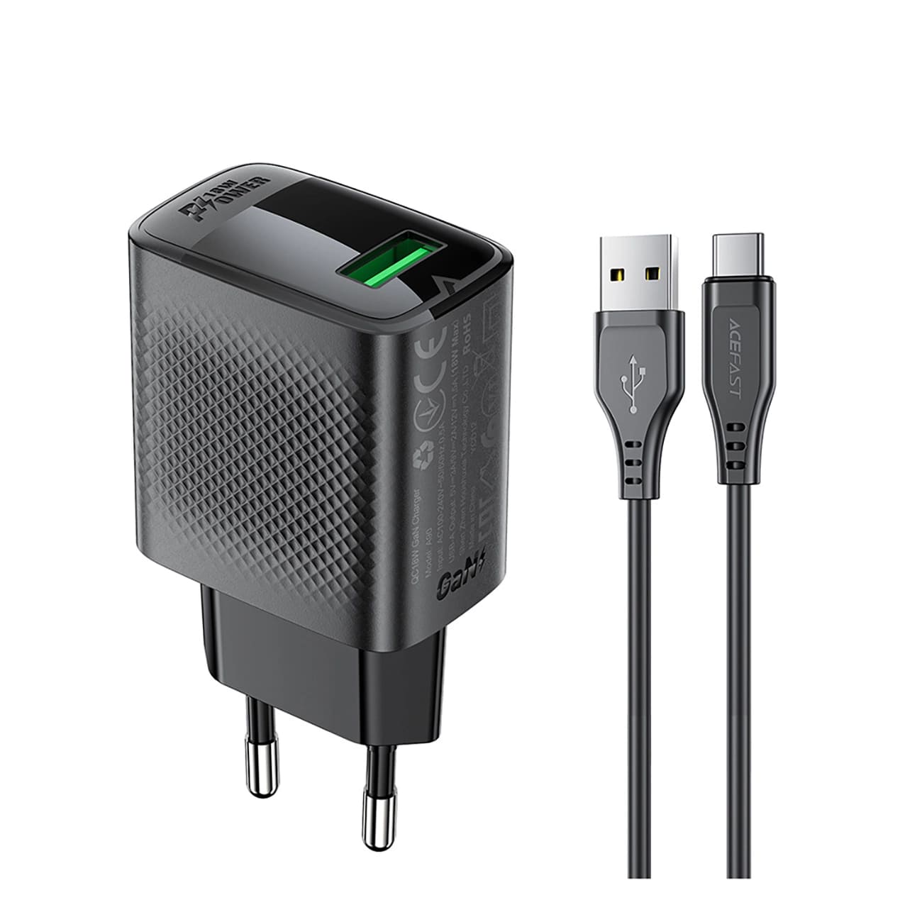 Verkkolaturi USB-C-kaapelilla Acefast A90, 18W, 3A, 1 x USB-A, Musta