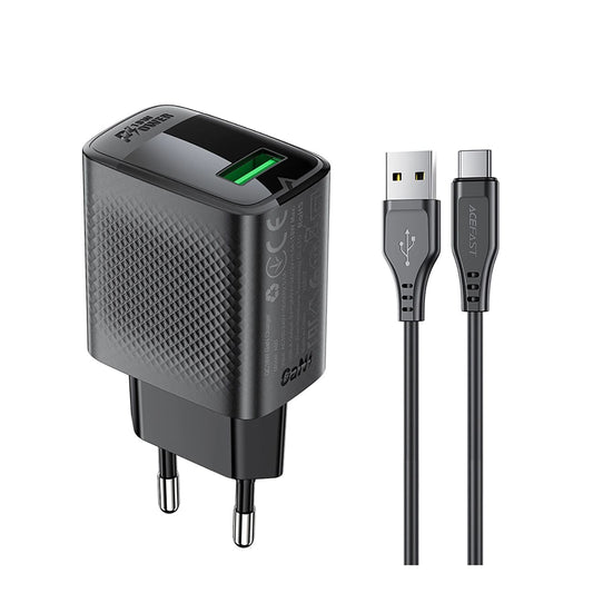 Verkkolaturi USB-C-kaapelilla Acefast A90, 18W, 3A, 1 x USB-A, Musta